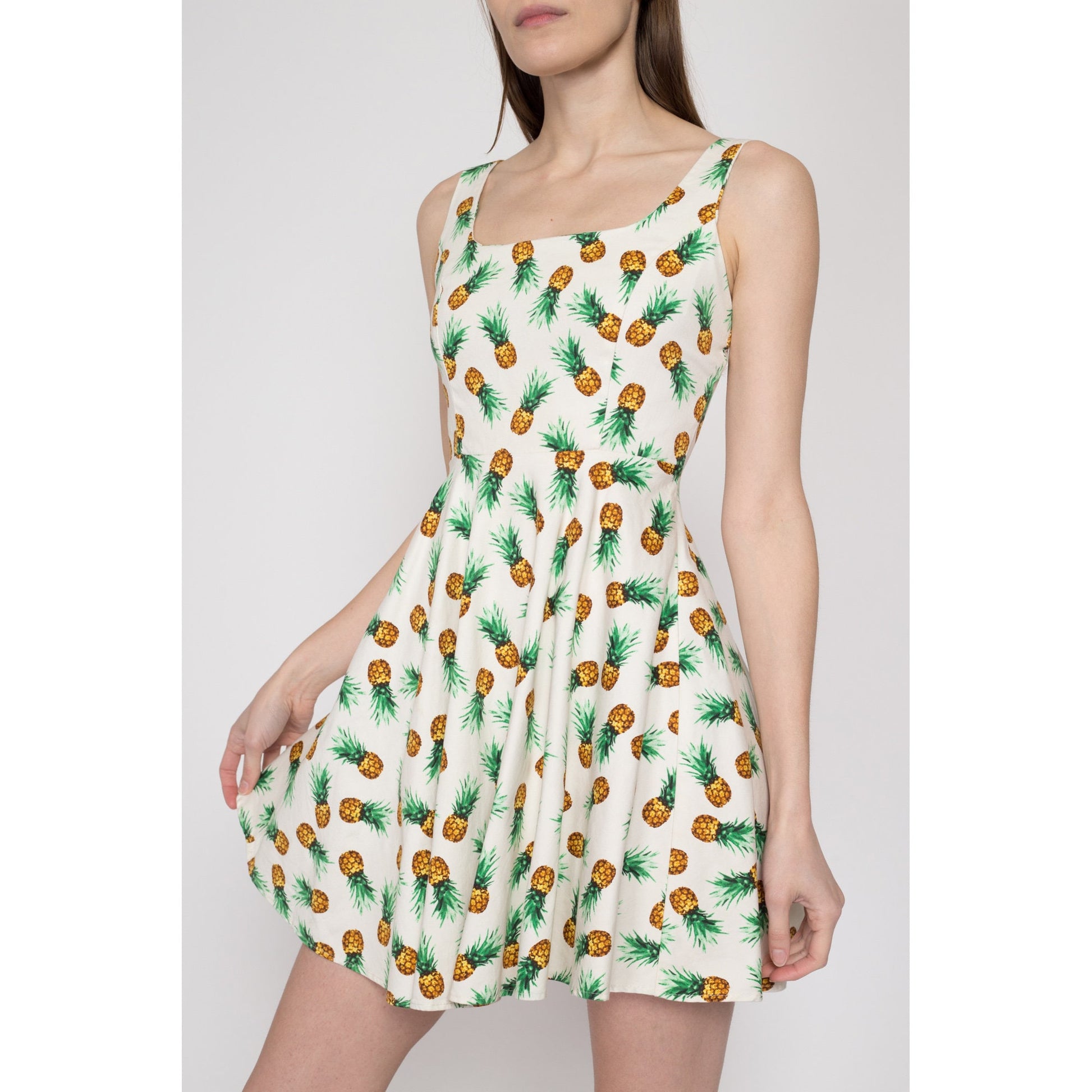 XS Y2K Pineapple Print Fit & Flare Mini Dress | Retro Vintage Babydoll Sundress
