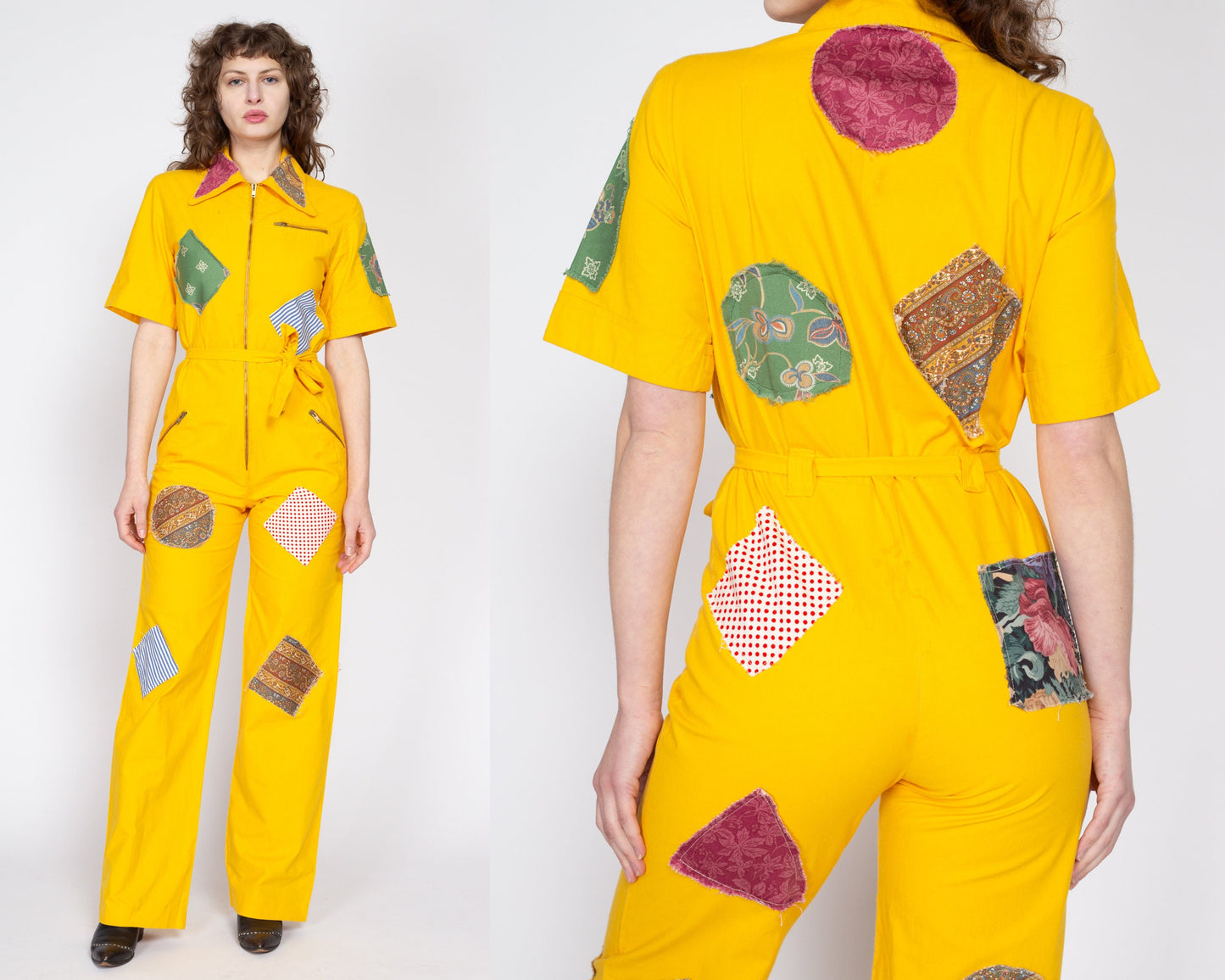 Medium 70s Yellow Patchwork Coverall Jumpsuit | Retro Vintage Collared Straight Leg Zip Up Boiler Suit One Piece Outfit