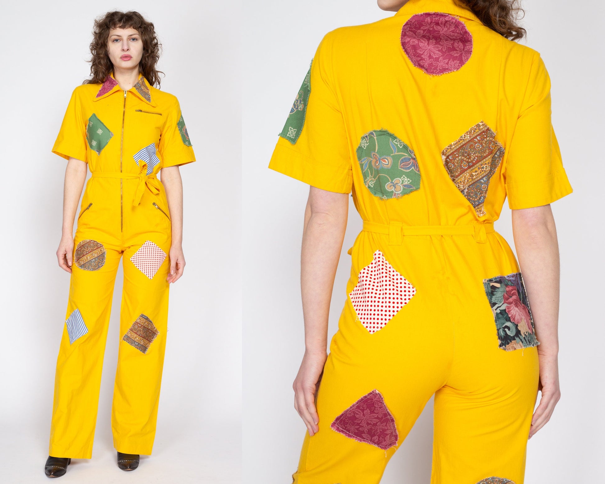 Medium 70s Yellow Patchwork Coverall Jumpsuit | Retro Vintage Collared Straight Leg Zip Up Boiler Suit One Piece Outfit