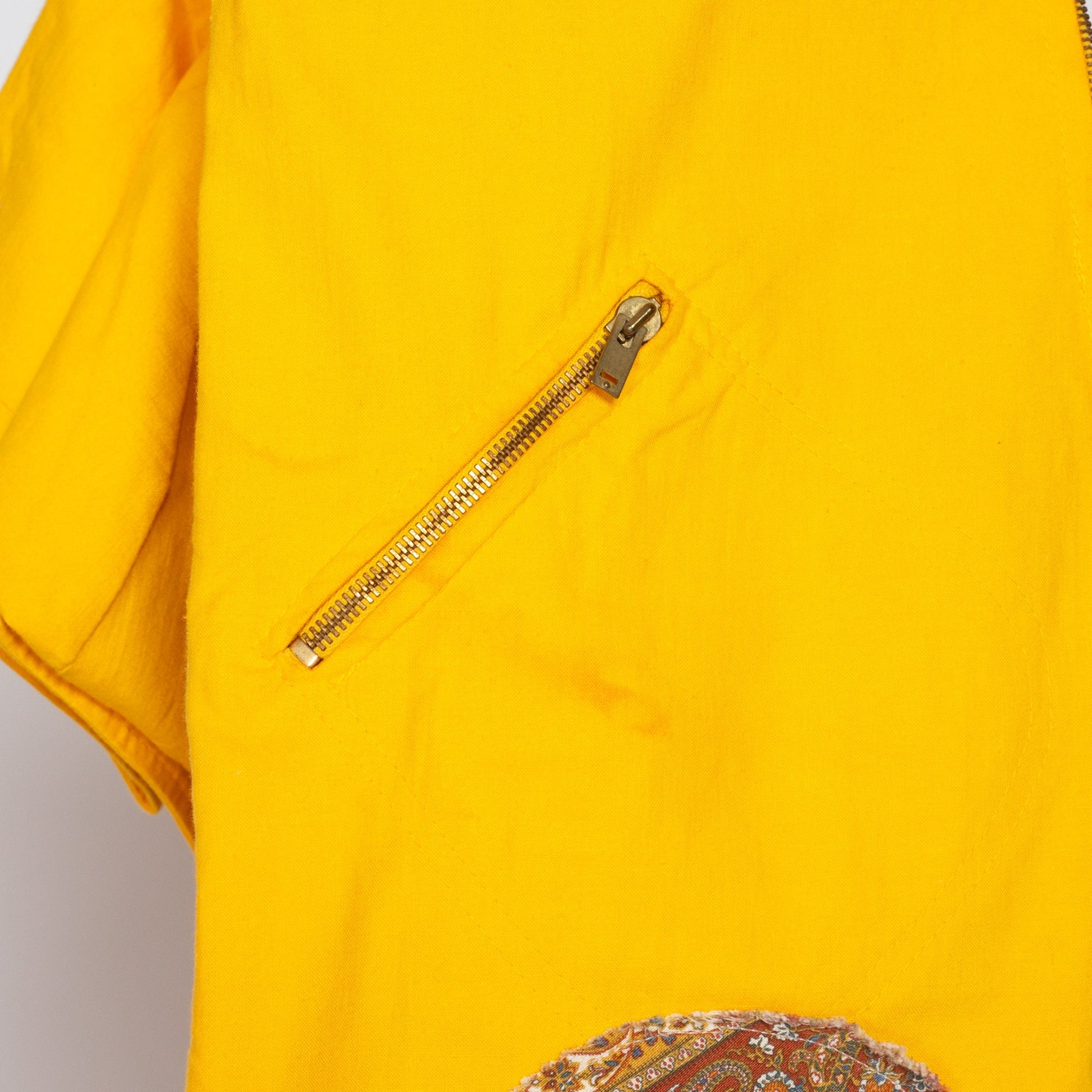 Medium 70s Yellow Patchwork Coverall Jumpsuit | Retro Vintage Collared Straight Leg Zip Up Boiler Suit One Piece Outfit