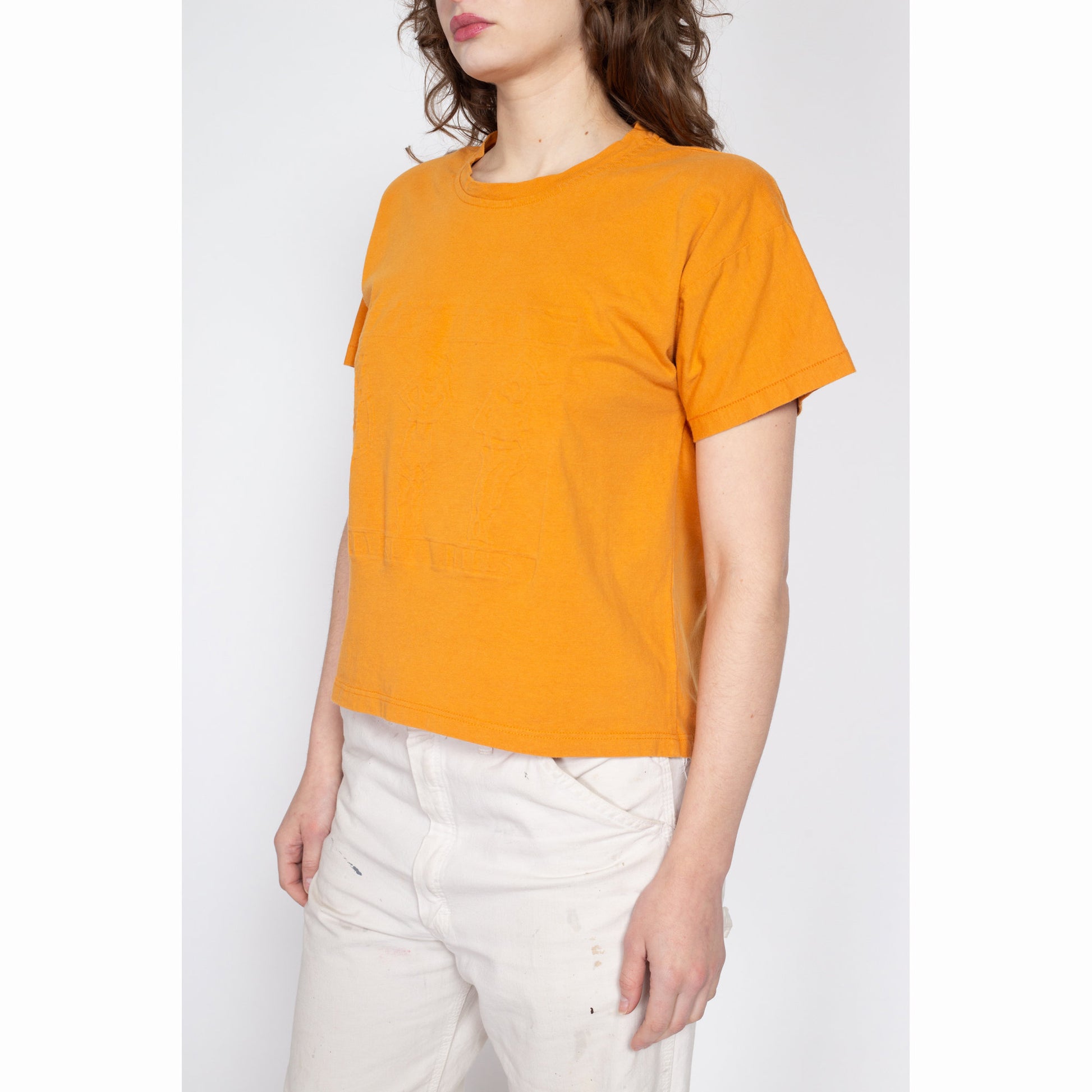 Sm-Lrg 80s Orange Embossed Beverly Hills Boxy T Shirt | Vintage Short Sleeve Cropped Tourist Tee