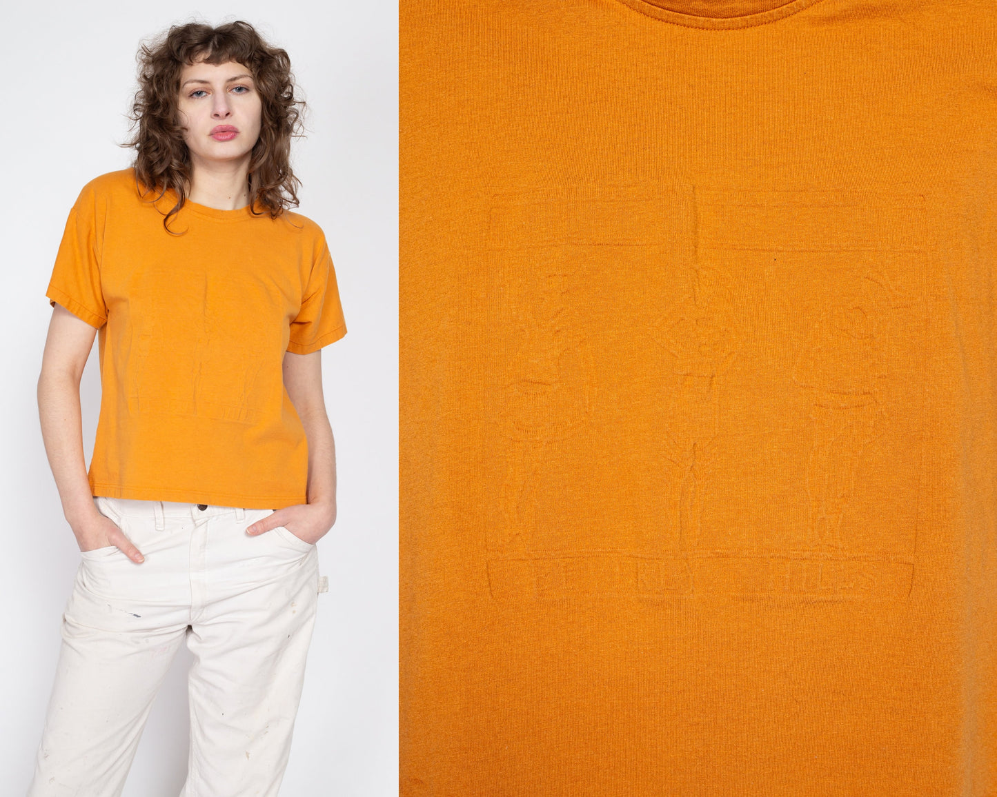 Sm-Lrg 80s Orange Embossed Beverly Hills Boxy T Shirt | Vintage Short Sleeve Cropped Tourist Tee