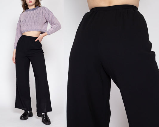 XS Y2K Black High Waisted Sheer Illusion Wide Leg Trousers 24" | Vintage Minimalist Flowy Polyester Pants