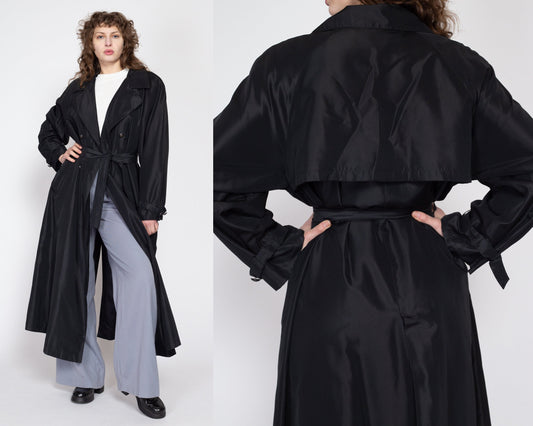 Large 80s Gothic Shiny Black Belted Trench Coat | Vintage Double Breasted Long Duster Rain Jacket