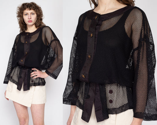 Large 80s Black Net Mesh Drawstring Waist Shirt | Vintage Oversized Sheer Knit Fishnet Cover Up Top