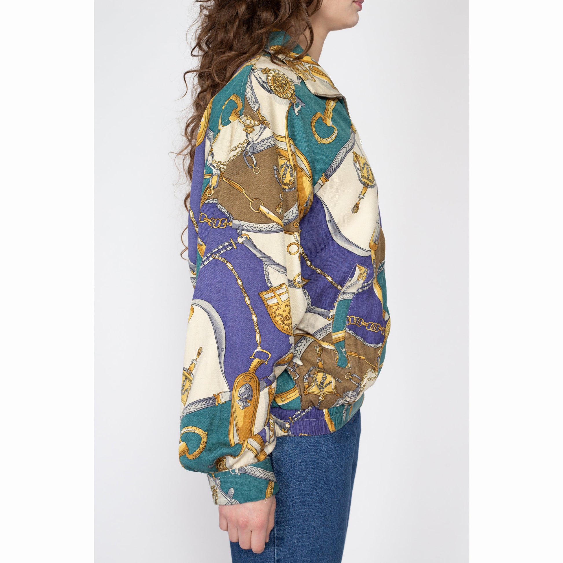 Large 80s Silk Baroque Chain Print Jacket | Vintage Zip Up All Over Print Novelty Bomber