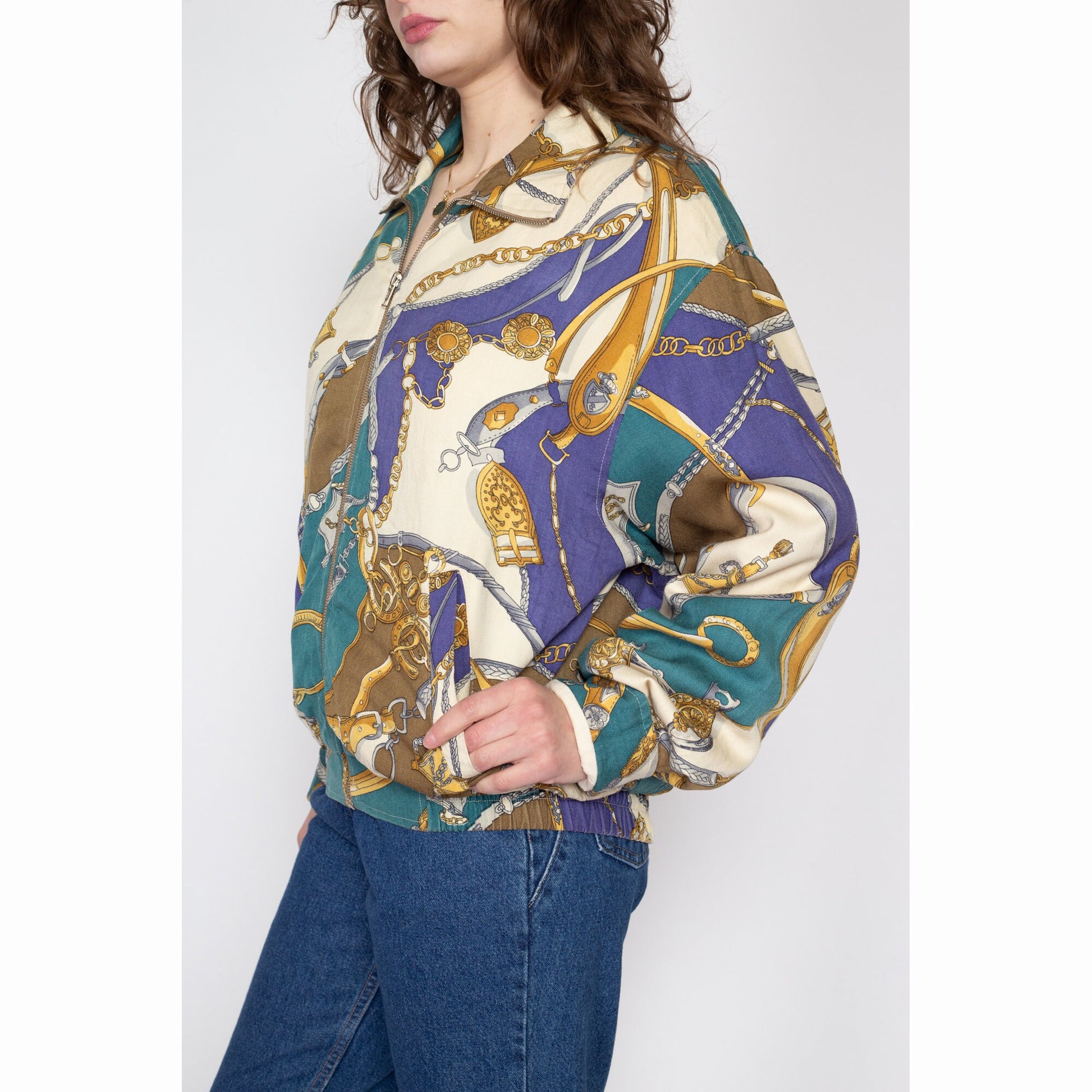 Large 80s Silk Baroque Chain Print Jacket | Vintage Zip Up All Over Print Novelty Bomber