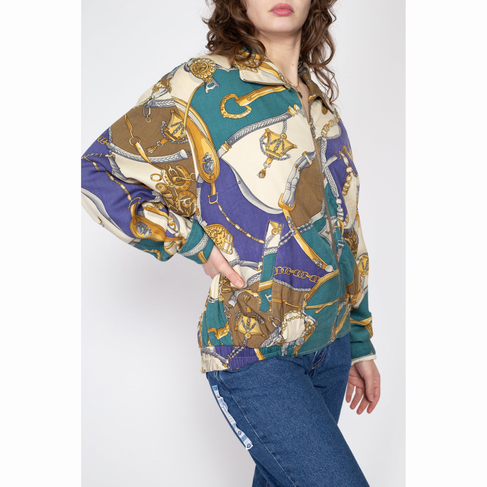 Large 80s Silk Baroque Chain Print Jacket | Vintage Zip Up All Over Print Novelty Bomber