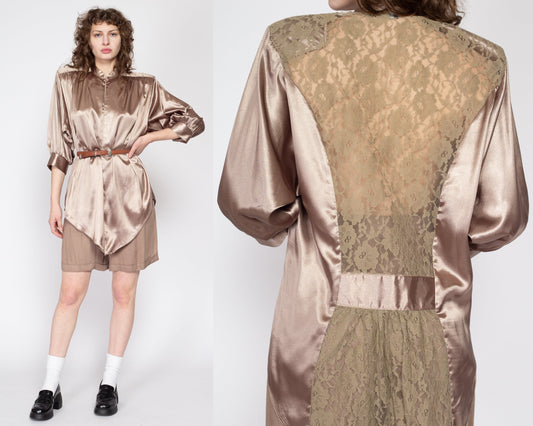 Medium 80s Shiny Taupe Satin Open Fit Blouse | Vintage Sheer Lace Back Long Shirt