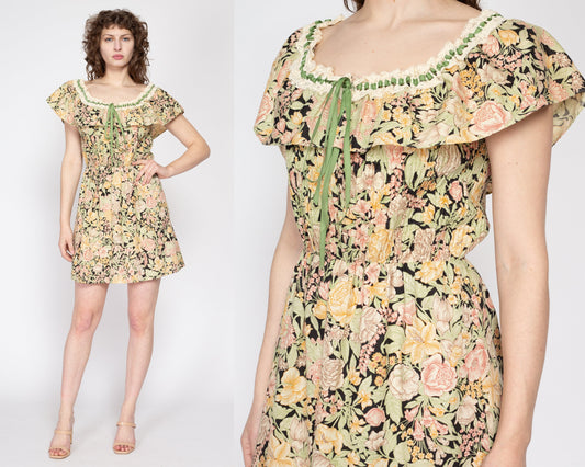 Medium 70s Yellow Floral Smocked Peasant Mini Dress | Vintage Boho A Line Hippie Flutter Sleeve Sundress