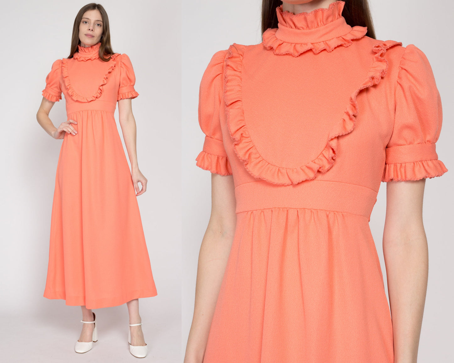 XS 70s Peach Prairie Puff Sleeve Maxi Dress | Boho Vintage Orange A Line Cottagecore Ruffle Trim Hippie Gown