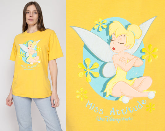 Large Y2K Tinkerbell "Miss Attitude" Yellow T Shirt | Vintage Disney Peter Pan Cartoon Graphic Tee
