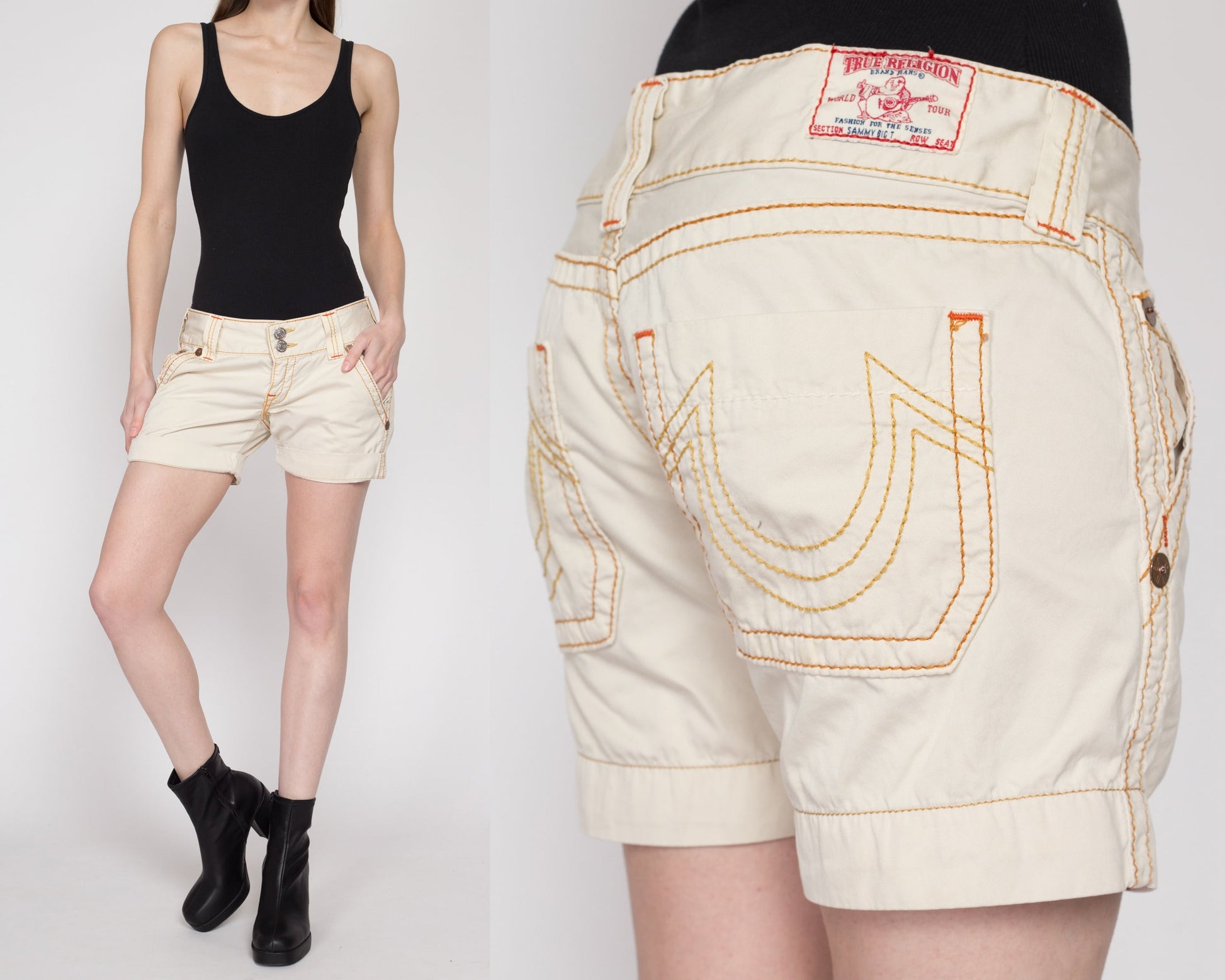 Medium Y2K True Religion Low Rise Shorts | Vintage Sammy Big T Khaki Cotton Shorts