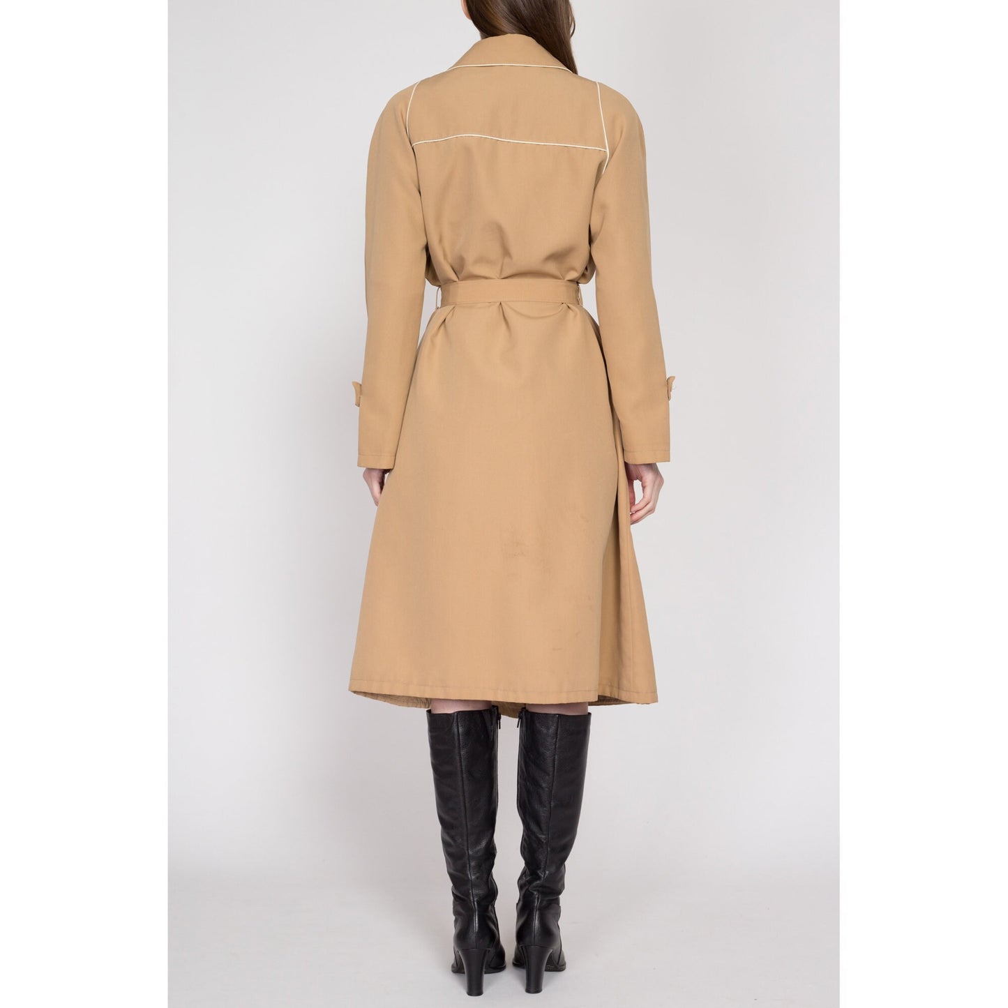 Large 80s Tan Piped Trim Belted Trench Coat | Vintage Minimalist Round Collar Button Up Long Jacket