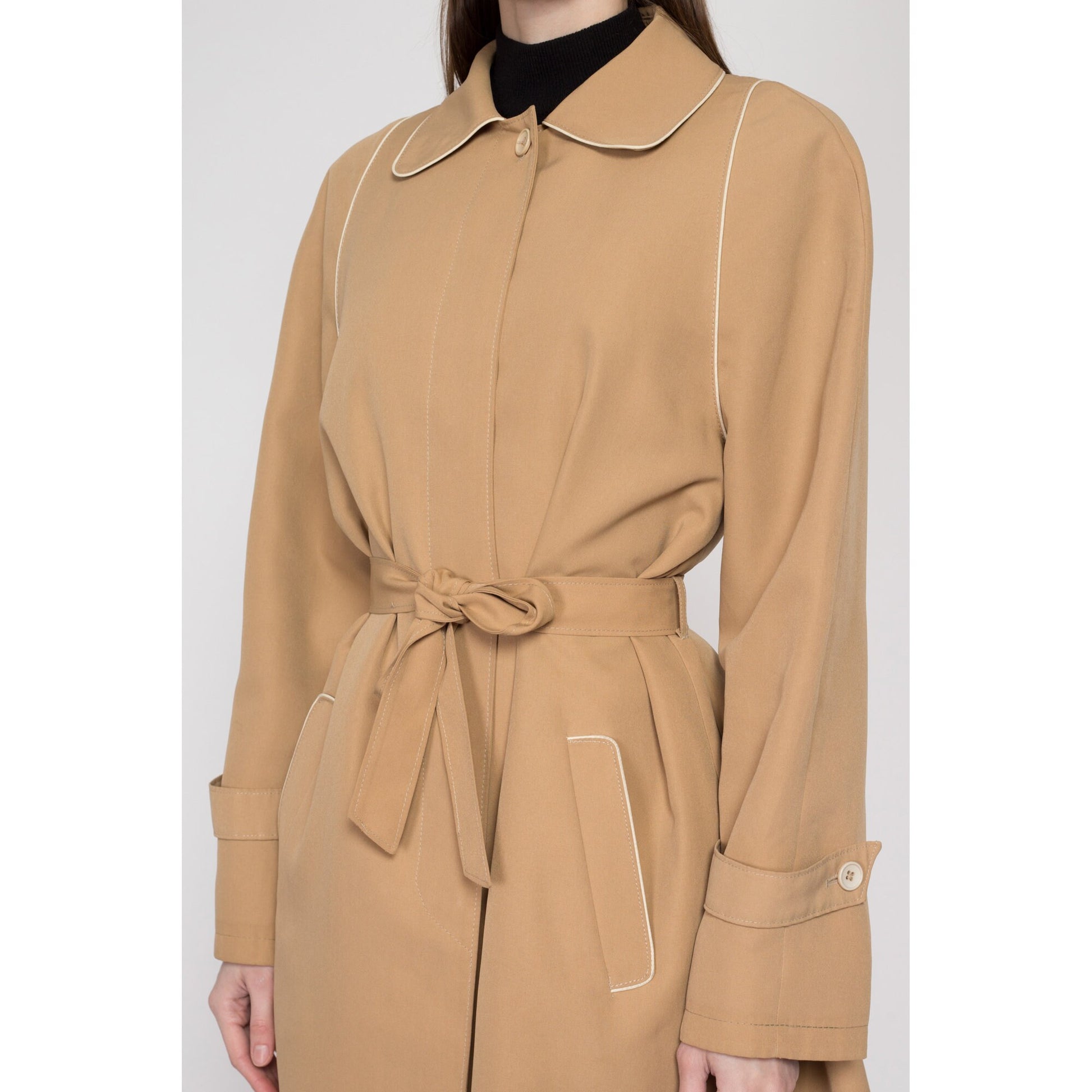 Large 80s Tan Piped Trim Belted Trench Coat | Vintage Minimalist Round Collar Button Up Long Jacket