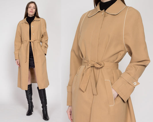 Large 80s Tan Piped Trim Belted Trench Coat | Vintage Minimalist Round Collar Button Up Long Jacket