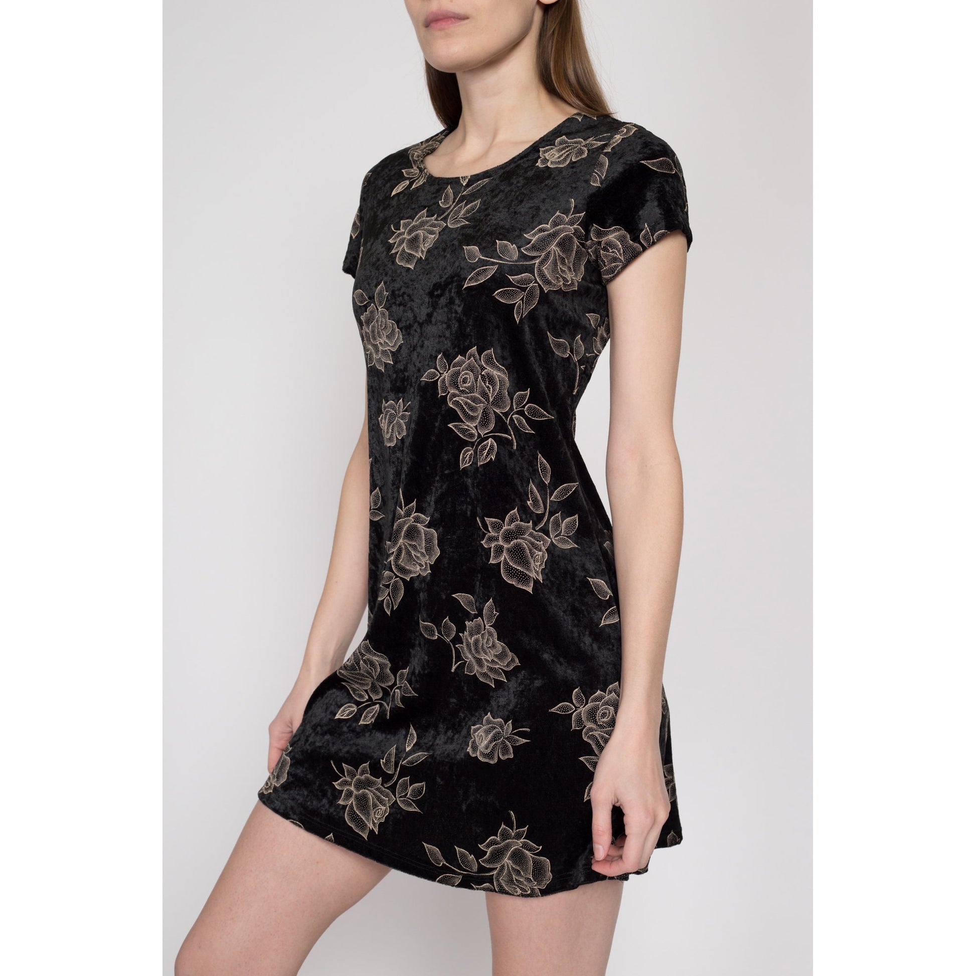 Sm-Med 90s Black Velvet Floral Mini Dress Flying Apple Vintage Sm-Med 90s Black Velvet Floral Mini Dress Flying Apple Vintage