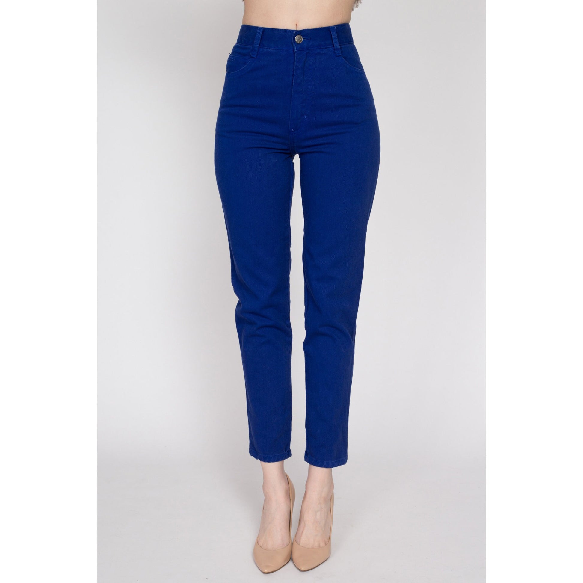 XS 90s Royal Blue High Waisted Jeans 24" | Vintage Denim Slim Skinny Tapered Leg Mom Jeans
