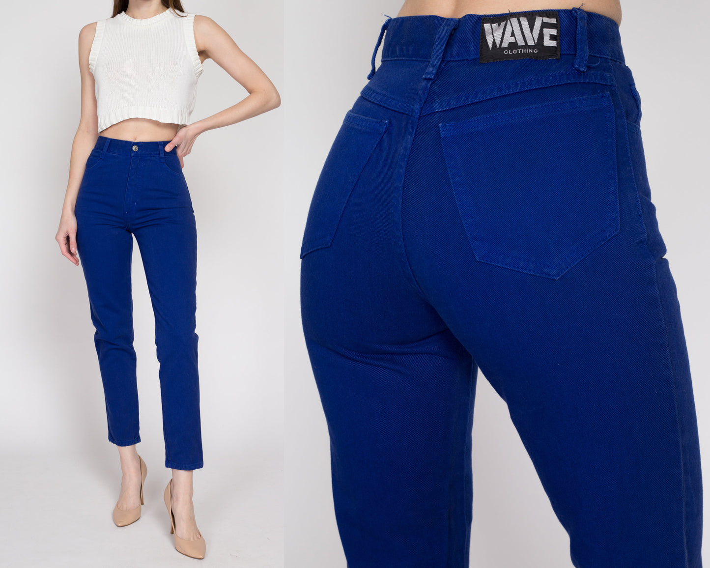XS 90s Royal Blue High Waisted Jeans 24" | Vintage Denim Slim Skinny Tapered Leg Mom Jeans