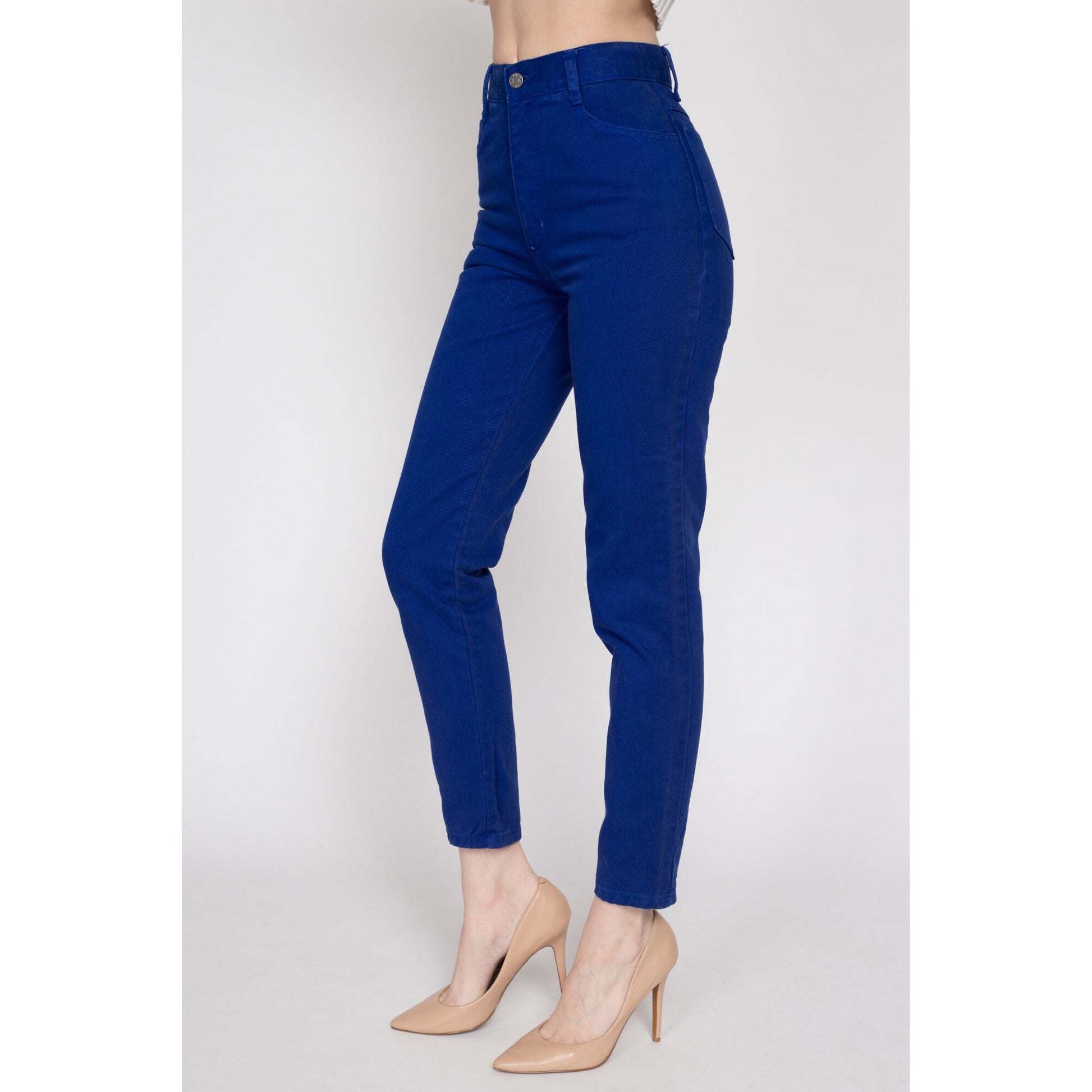 XS 90s Royal Blue High Waisted Jeans 24" | Vintage Denim Slim Skinny Tapered Leg Mom Jeans