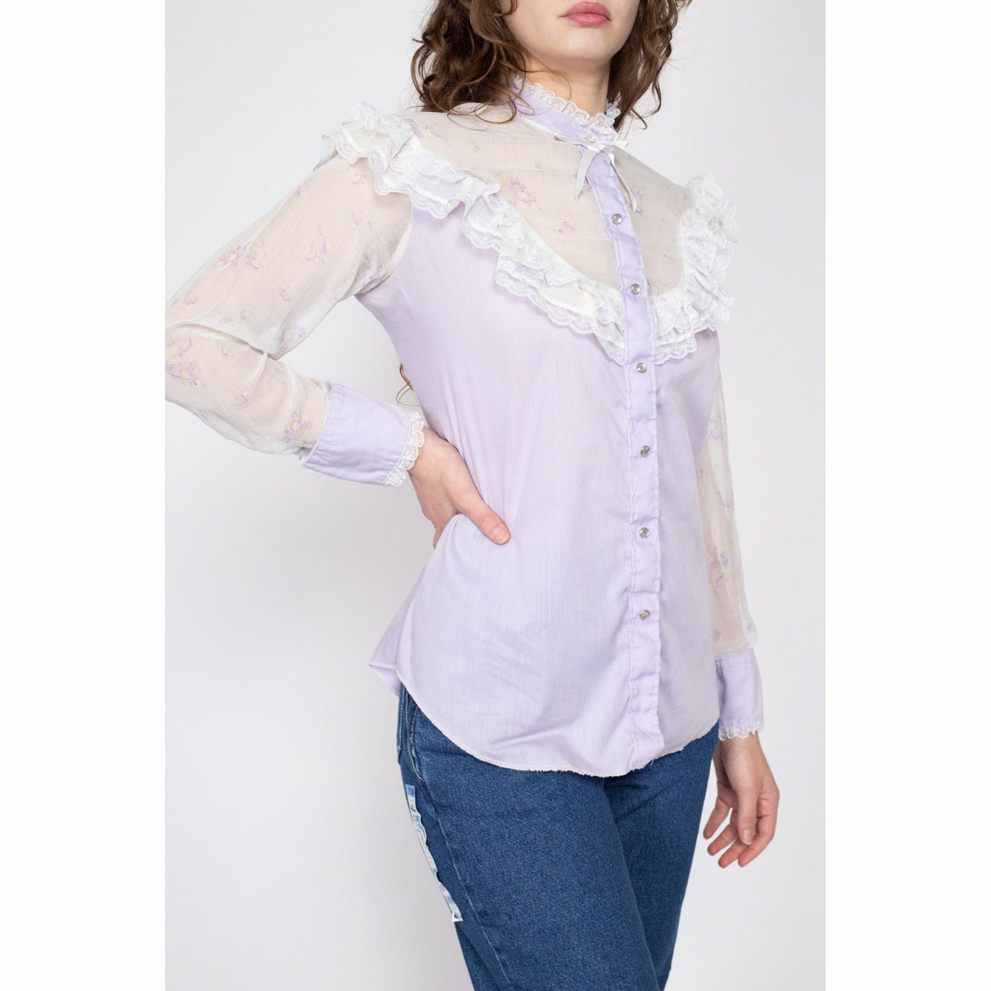 Large 70s Pastel Purple Western Lace Trim Prairie Blouse | Vintage Sheer Floral Long Sleeve Pearl Snap Boho Top