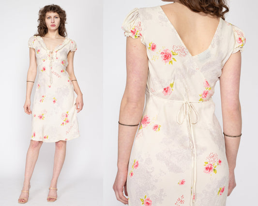 Sm-Med 90s White Floral Bias Cut Mini Slip Dress | Vintage Angie Boho Puff Sleeve Ruffle Trim Rayon Dress