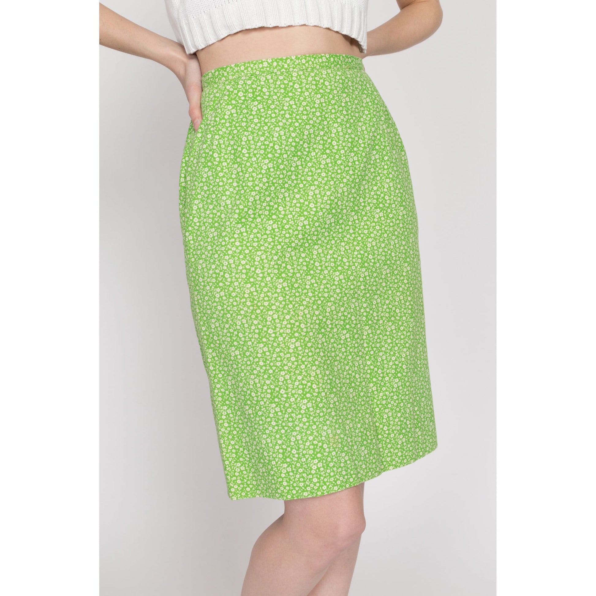 XS 70s Evan Picone Green Floral Pencil Skirt 24" | Vintage High Waisted Boho Calico Mini Skirt