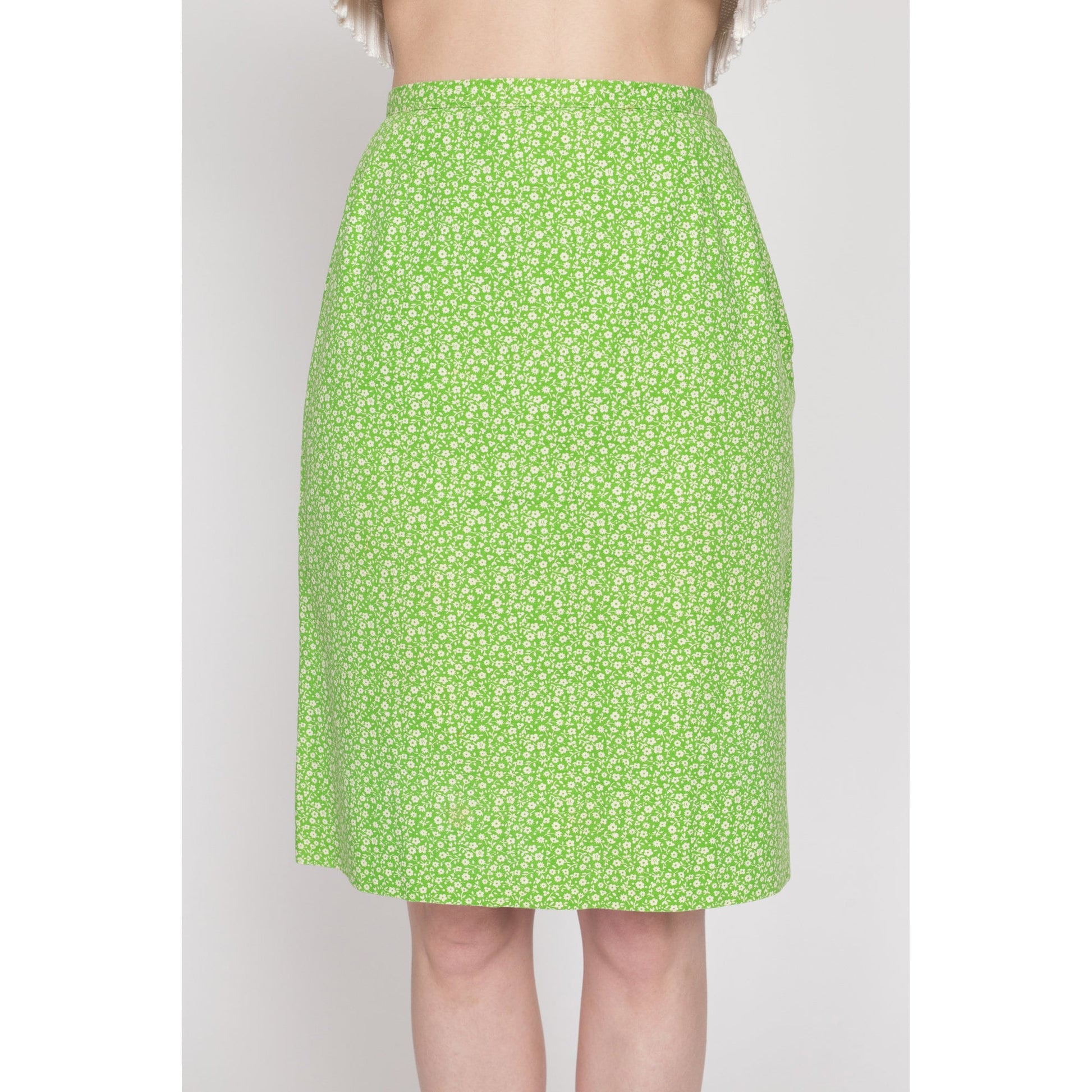 XS 70s Evan Picone Green Floral Pencil Skirt 24" | Vintage High Waisted Boho Calico Mini Skirt