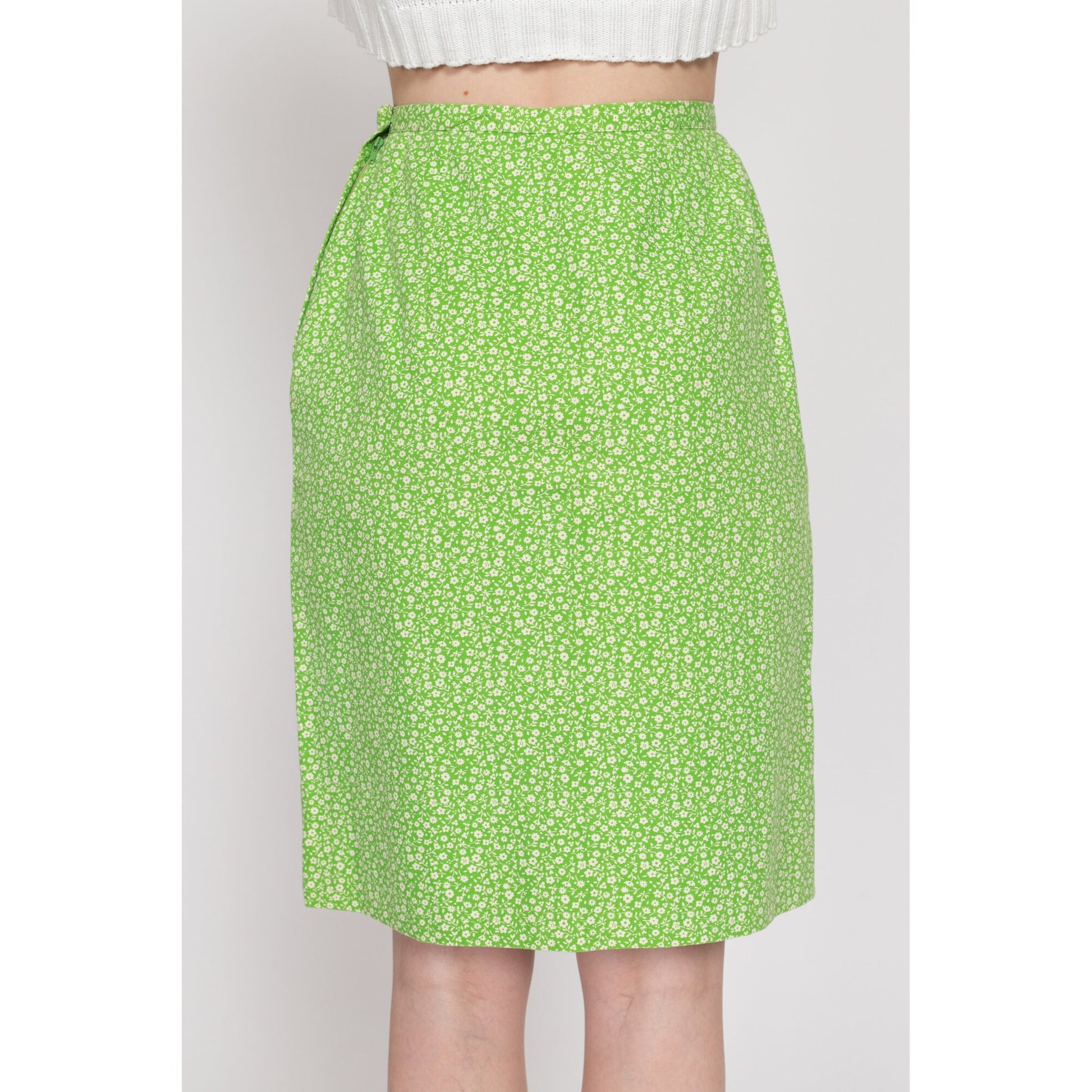 XS 70s Evan Picone Green Floral Pencil Skirt 24" | Vintage High Waisted Boho Calico Mini Skirt
