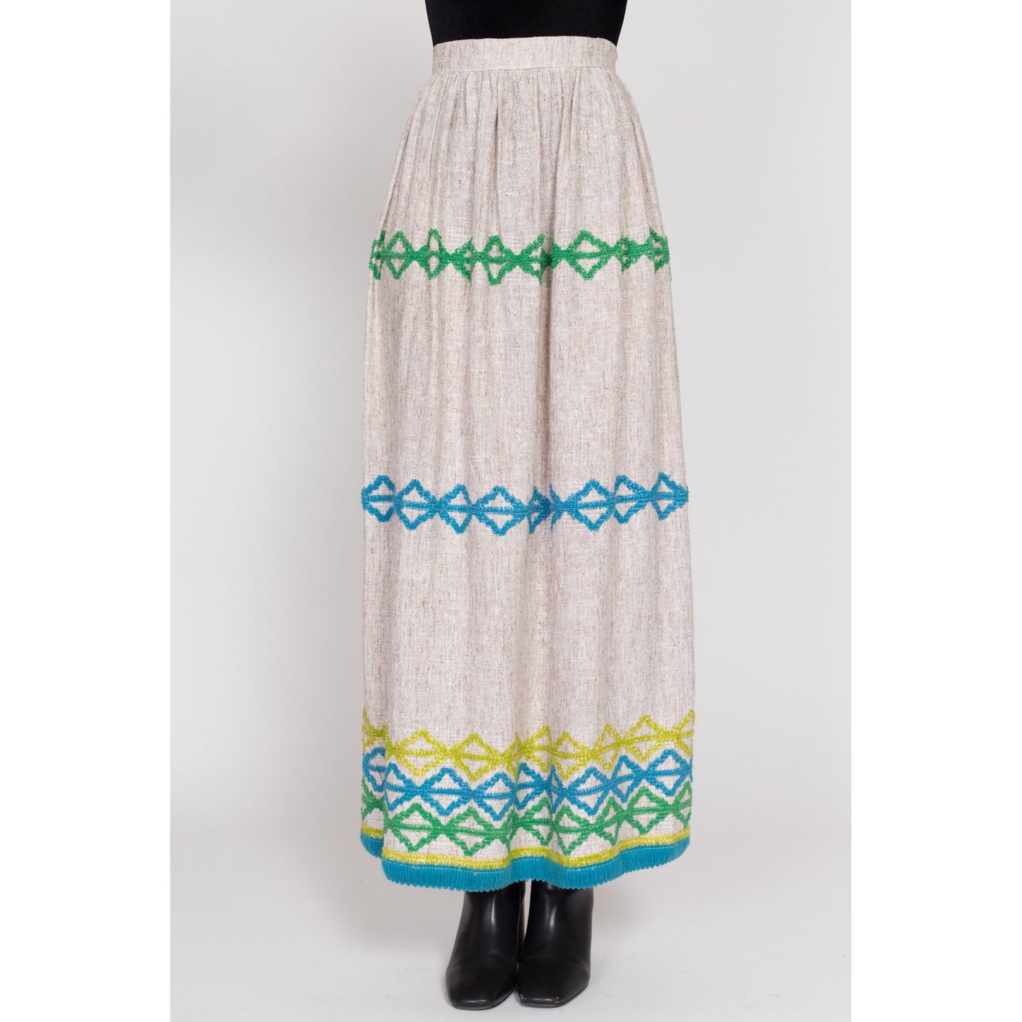 XS 70s Boho Embroidered Woven Maxi Skirt 24.5" | Vintage Striped A Line Long Hippie Hostess Skirt