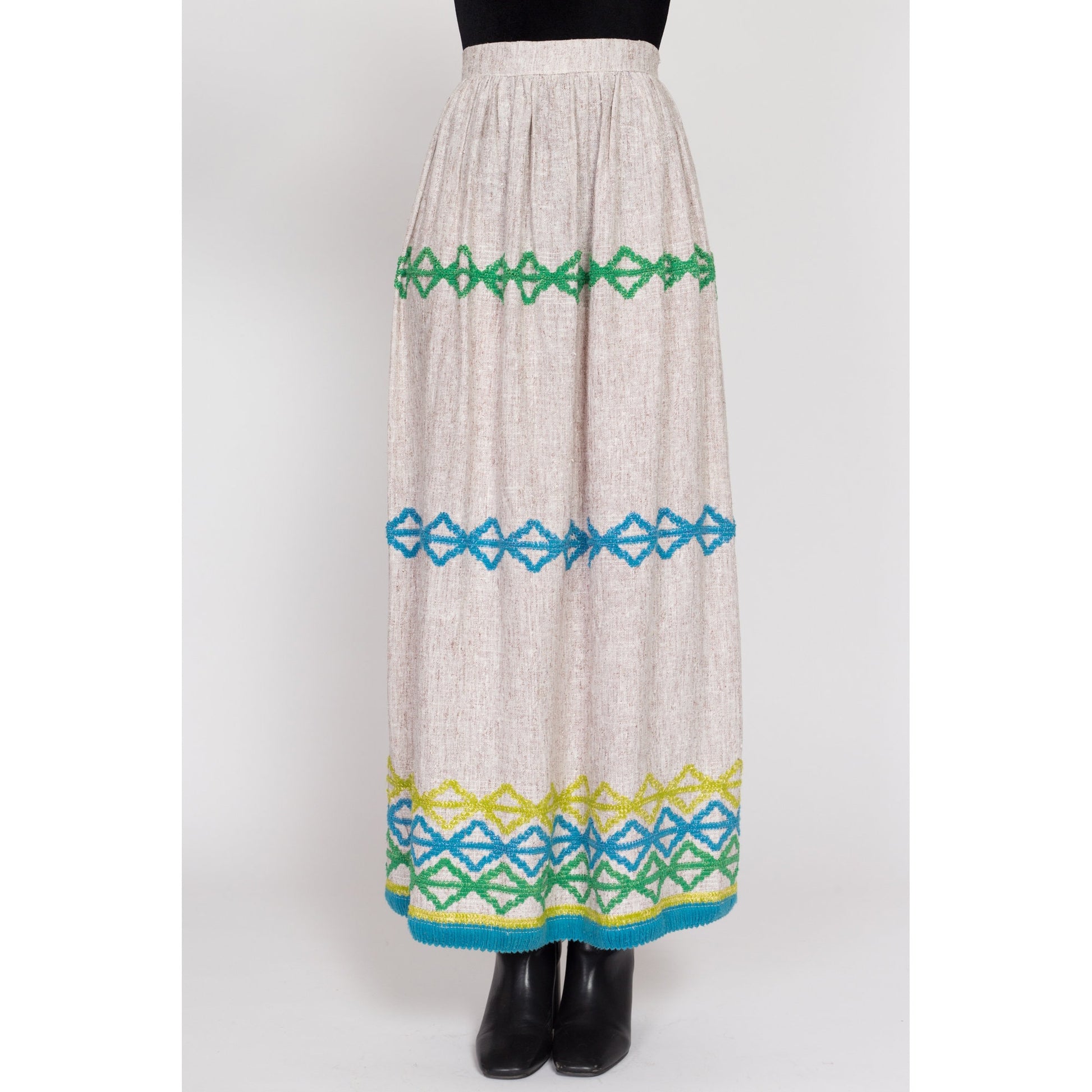 XS 70s Boho Embroidered Woven Maxi Skirt 24.5" | Vintage Striped A Line Long Hippie Hostess Skirt