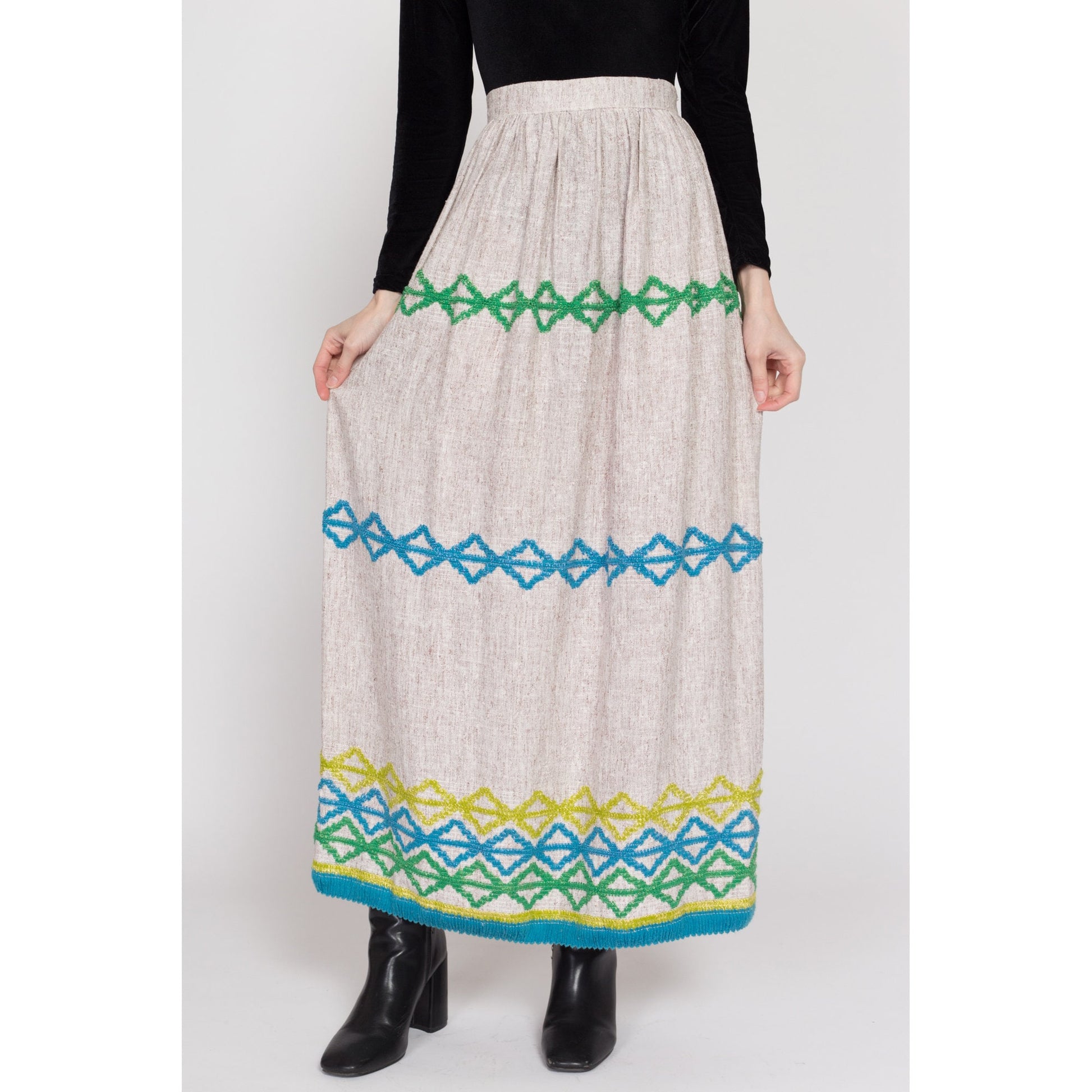 XS 70s Boho Embroidered Woven Maxi Skirt 24.5" | Vintage Striped A Line Long Hippie Hostess Skirt