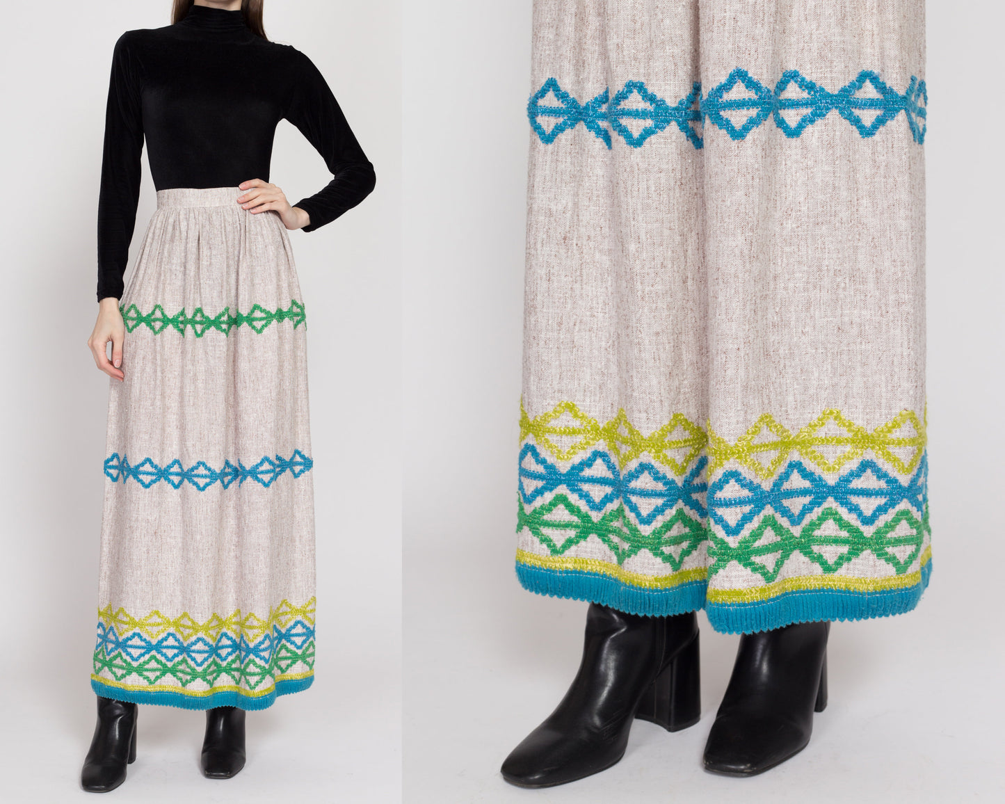 XS 70s Boho Embroidered Woven Maxi Skirt 24.5" | Vintage Striped A Line Long Hippie Hostess Skirt
