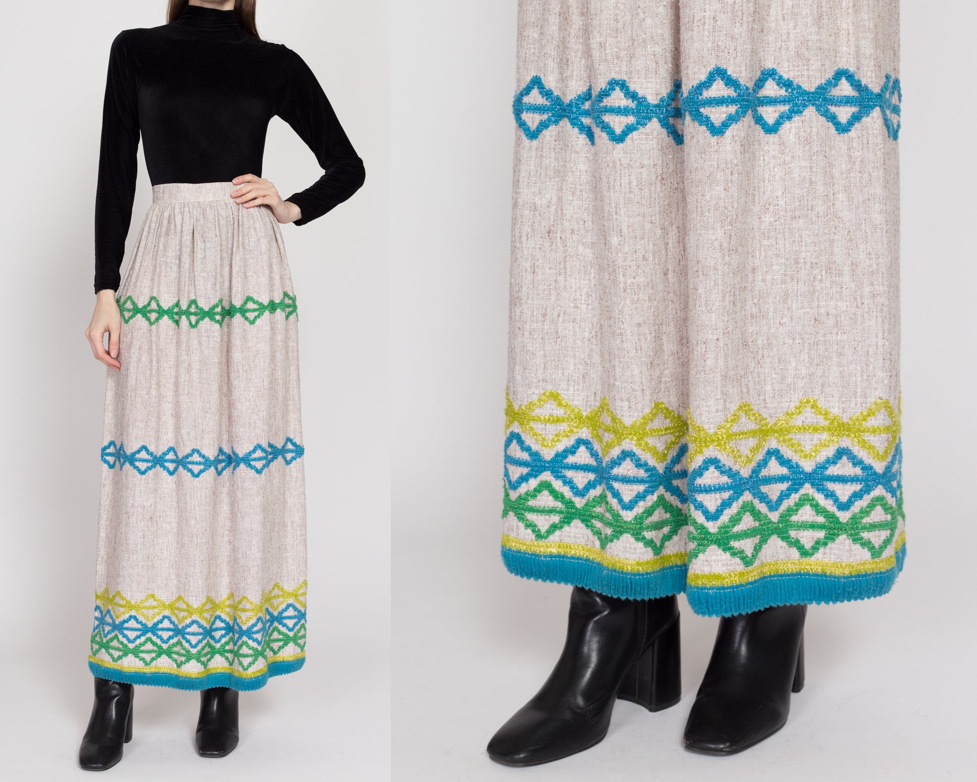 XS 70s Boho Embroidered Woven Maxi Skirt 24.5" | Vintage Striped A Line Long Hippie Hostess Skirt