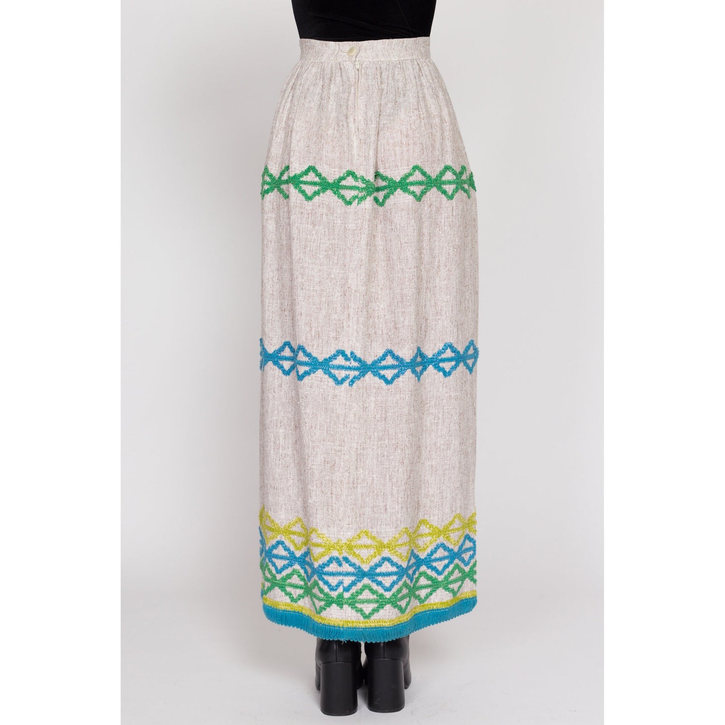 XS 70s Boho Embroidered Woven Maxi Skirt 24.5" | Vintage Striped A Line Long Hippie Hostess Skirt