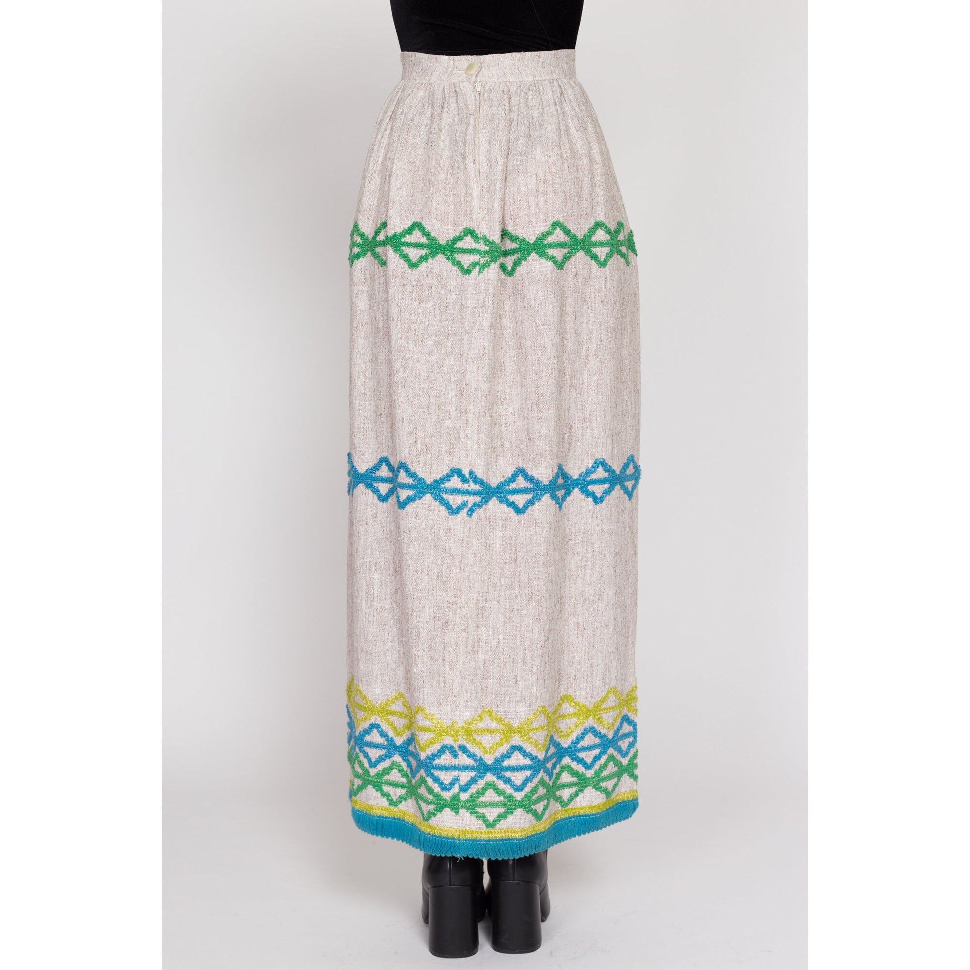XS 70s Boho Embroidered Woven Maxi Skirt 24.5" | Vintage Striped A Line Long Hippie Hostess Skirt