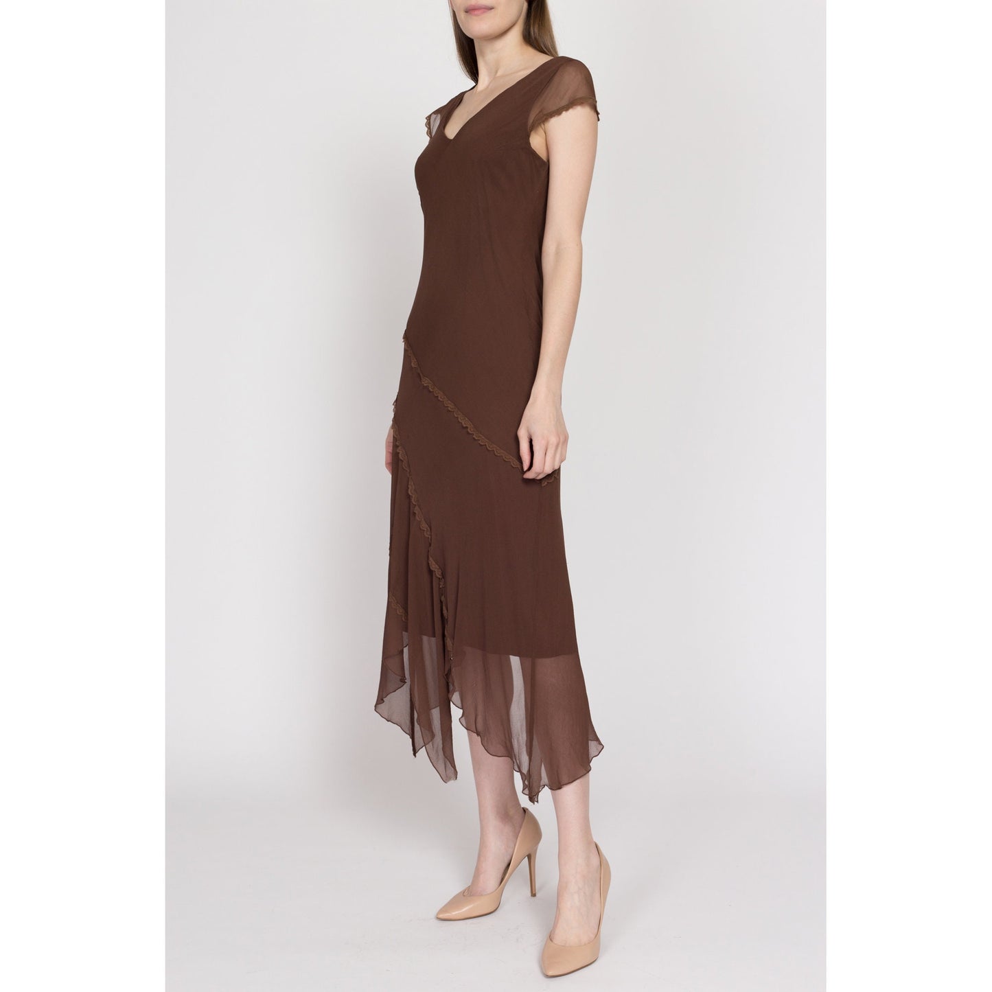 Medium 90s Brown Silk Scarf Hem Party Dress | Vintage Cap Sleeve Boho Lace Trim Hanky Midi Dress