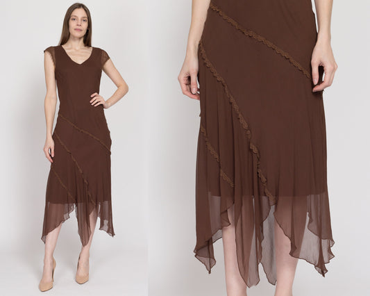 Medium 90s Brown Silk Scarf Hem Party Dress | Vintage Cap Sleeve Boho Lace Trim Hanky Midi Dress