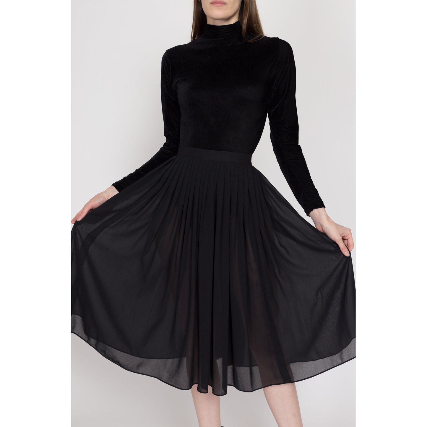 XS-Sm 80s Sheer Black Pleated Midi Skirt | Vintage High Waisted Minimalist Gothic Flowy Skirt