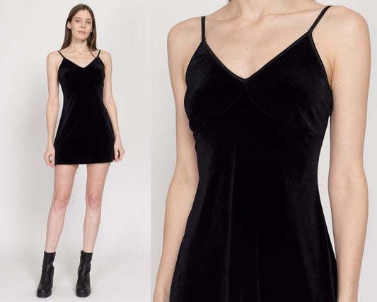 Petite Small 90s Black Velvet A-Line Mini Dress | Vintage Sleeveless Spaghetti Strap Minimalist Party Dress