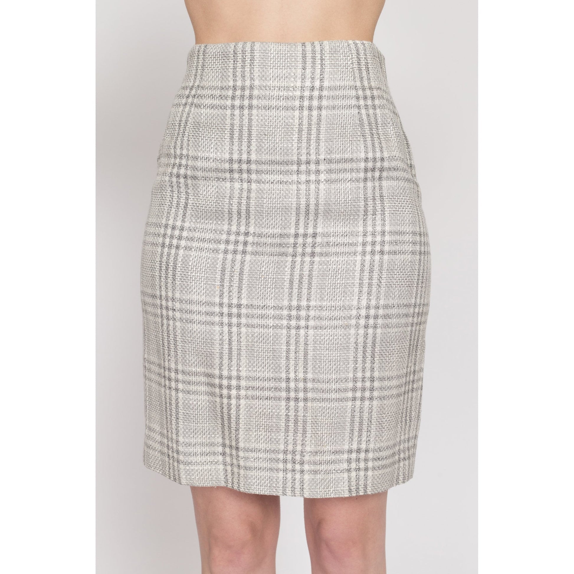 XS 90s Grey Plaid Woven Mini Pencil Skirt 24" | Vintage High Waisted Fitted Skirt