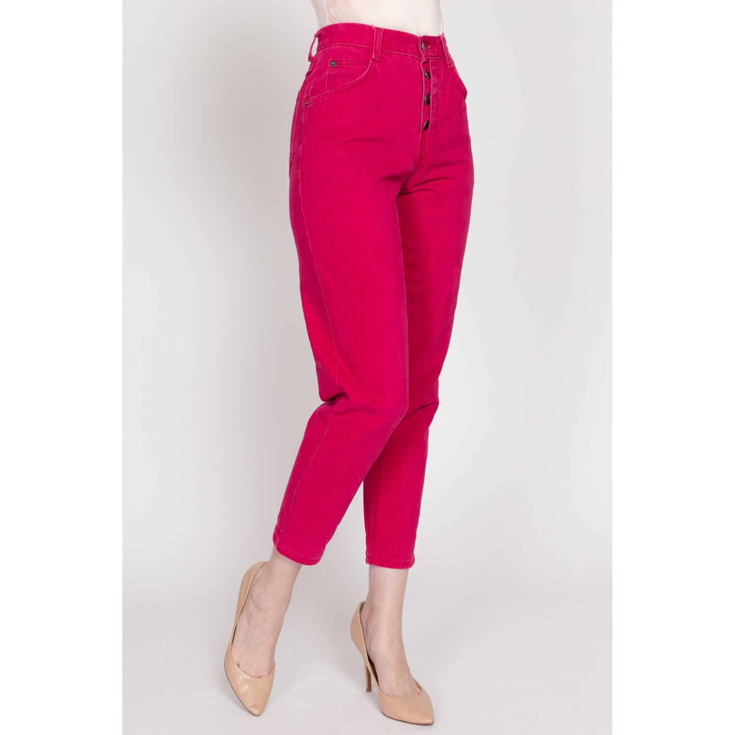 XS 90s Hot Pink Exposed Button Fly Jeans 23.5" | Vintage High Waisted Denim Tapered Leg Mom Jeans