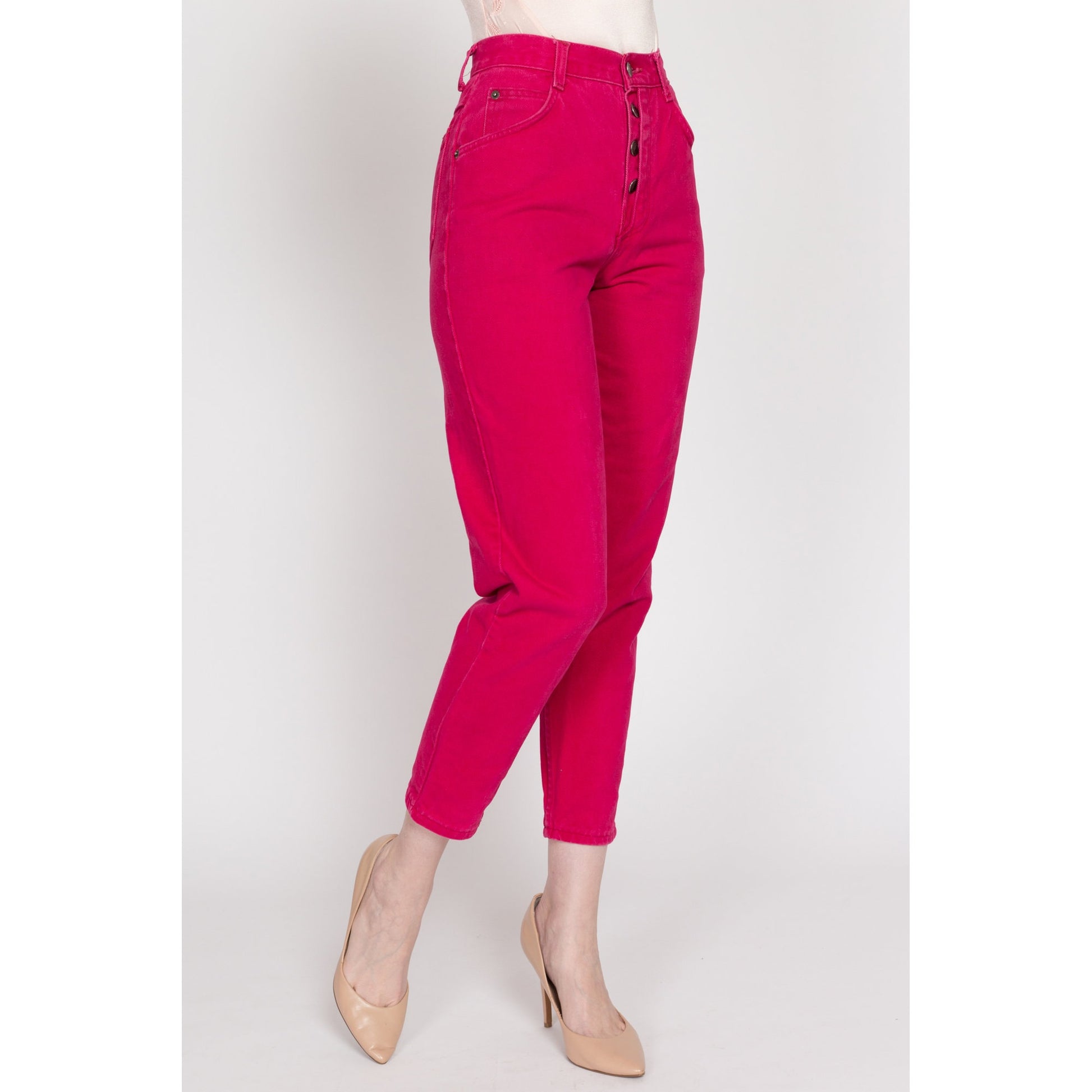 XS 90s Hot Pink Exposed Button Fly Jeans 23.5" | Vintage High Waisted Denim Tapered Leg Mom Jeans