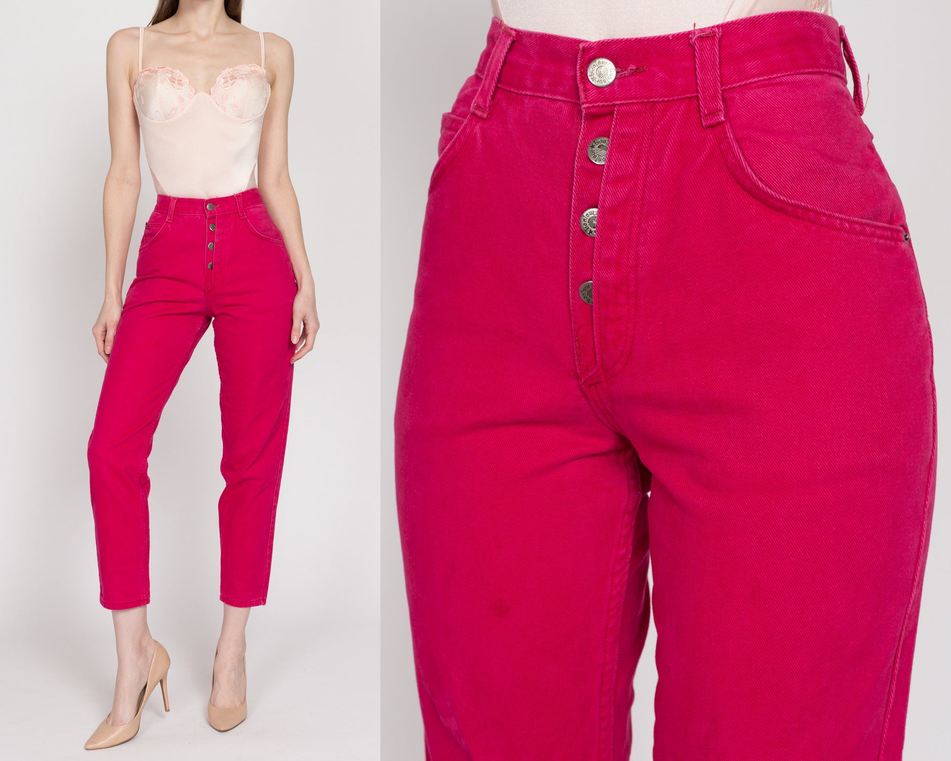 XS 90s Hot Pink Exposed Button Fly Jeans 23.5" | Vintage High Waisted Denim Tapered Leg Mom Jeans