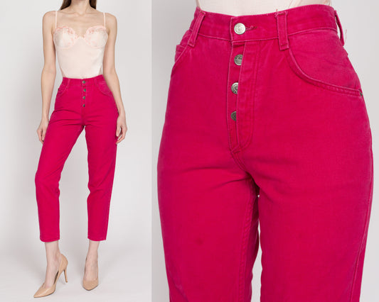 XS 90s Hot Pink Exposed Button Fly Jeans 23.5" | Vintage High Waisted Denim Tapered Leg Mom Jeans