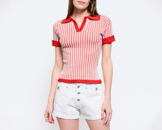 Med-Lrg Y2K Red & White Striped Knit Collared Top NWT | Vintage Short Sleeve Retro Stretchy Fitted Cropped Shirt