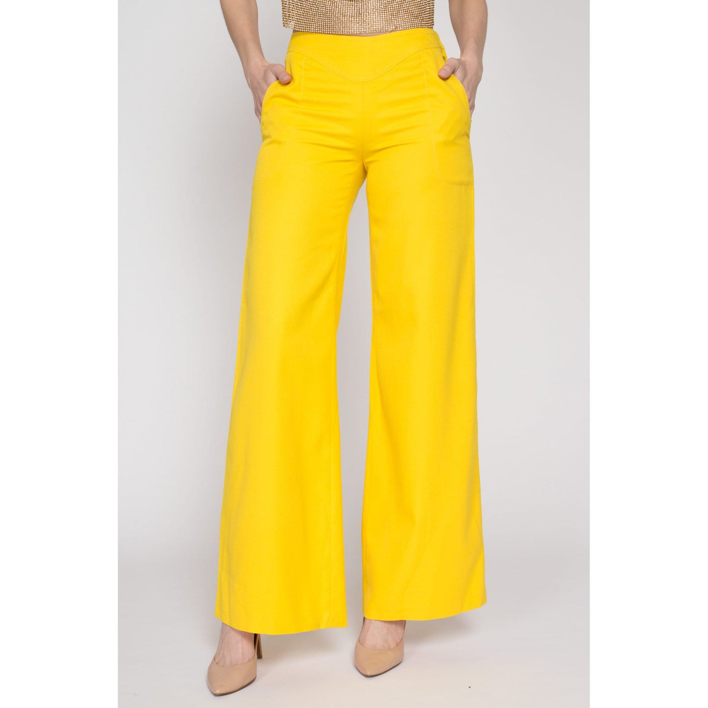 XS 90s Yellow Mid Rise Flares | Retro Vintage Bell Bottom Wide Leg Pants