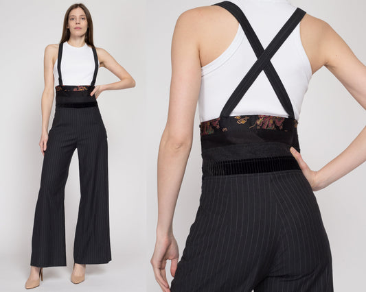 Small Y2K Desigual Flared Pinstripe Suspender Jumpsuit | Vintage Dark Grey Cross Back Strap Overall Pants