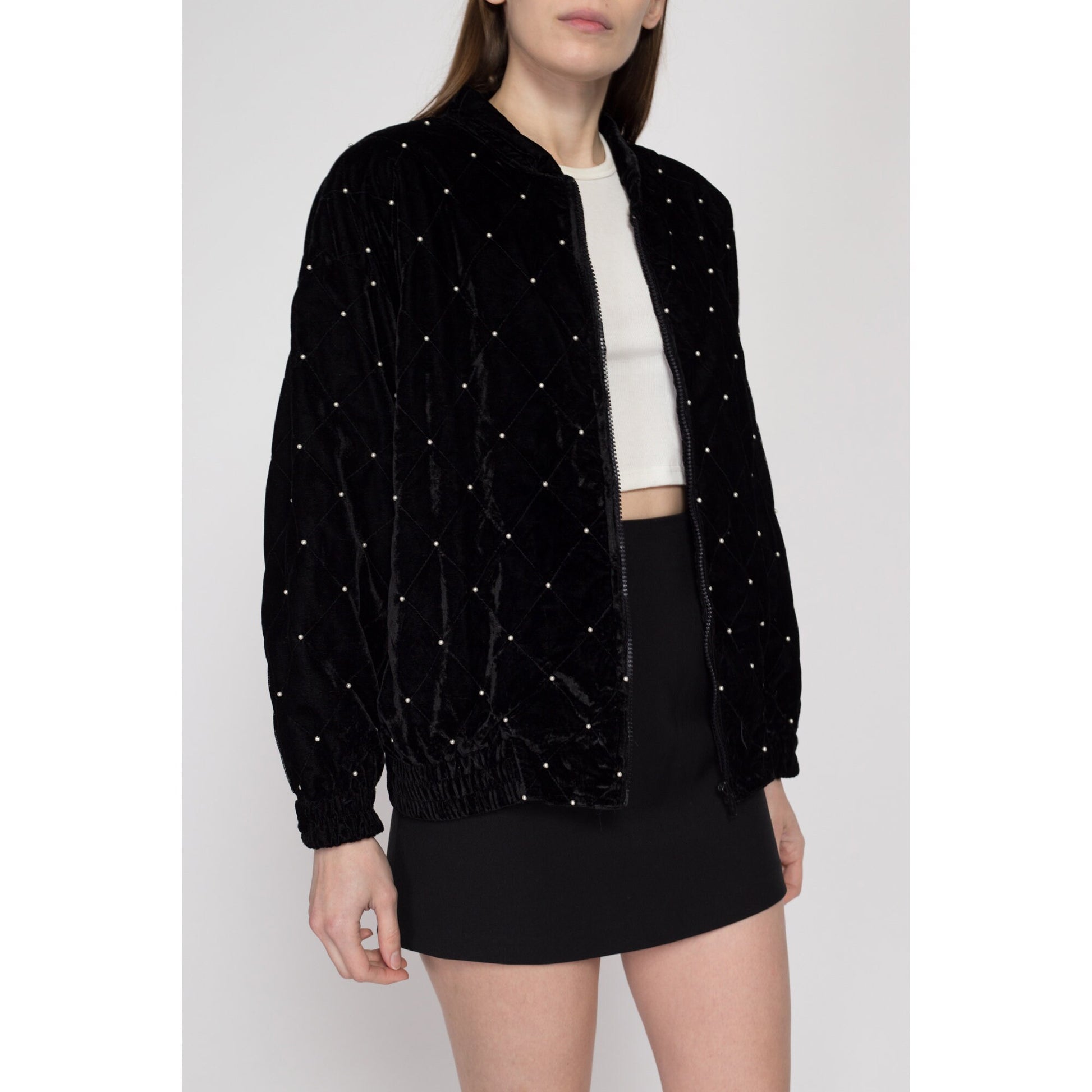 Small 80s Quilted Black Velvet Jacket | Vintage Retro Pearl Beaded Bomber Coat