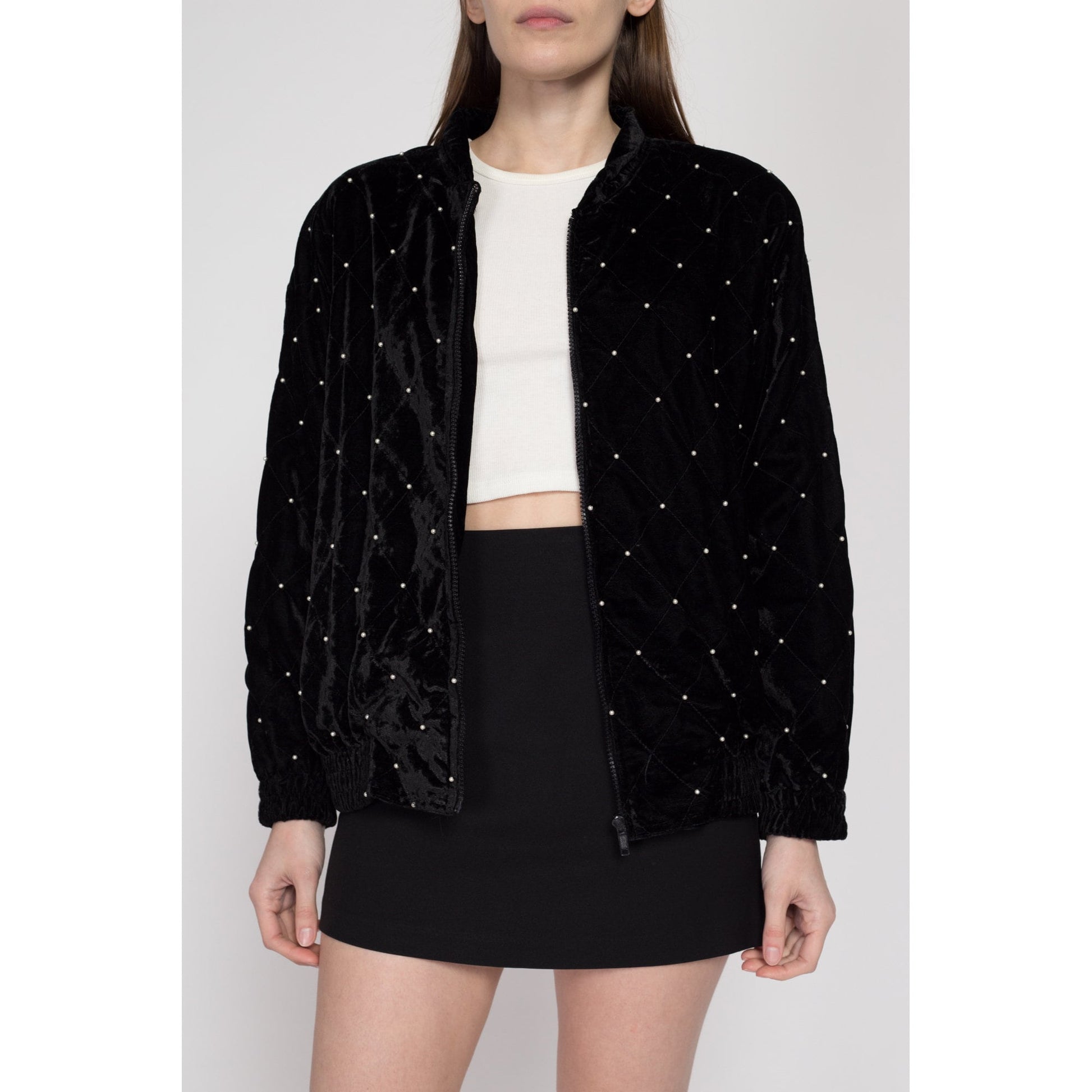Small 80s Quilted Black Velvet Jacket | Vintage Retro Pearl Beaded Bomber Coat